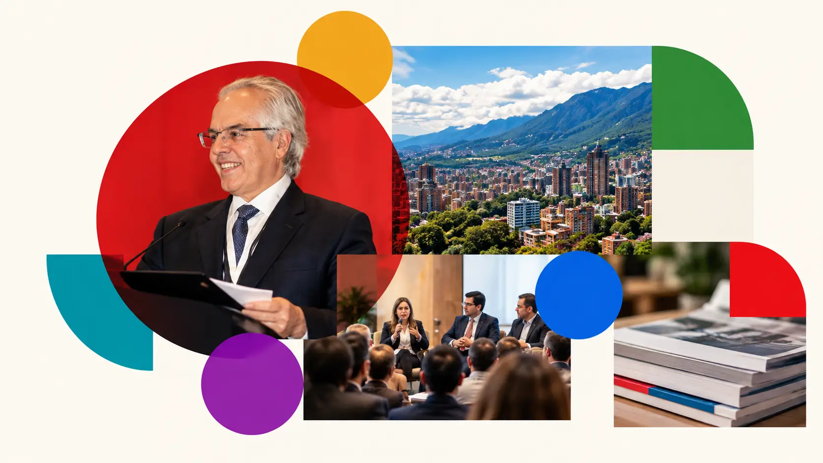 Manuel Ramírez Gómez, el paisaje de Bogotá, un foro de políticas públicas y publicaciones del Centro, sobre círculos de colores