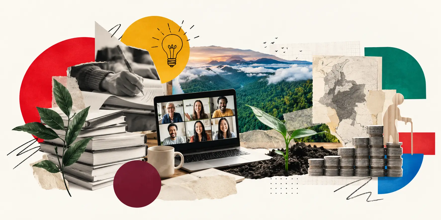 Collage con una videollamada, un bosque, un libro abierto, monedas y manos escribiendo sobre círculos de colores